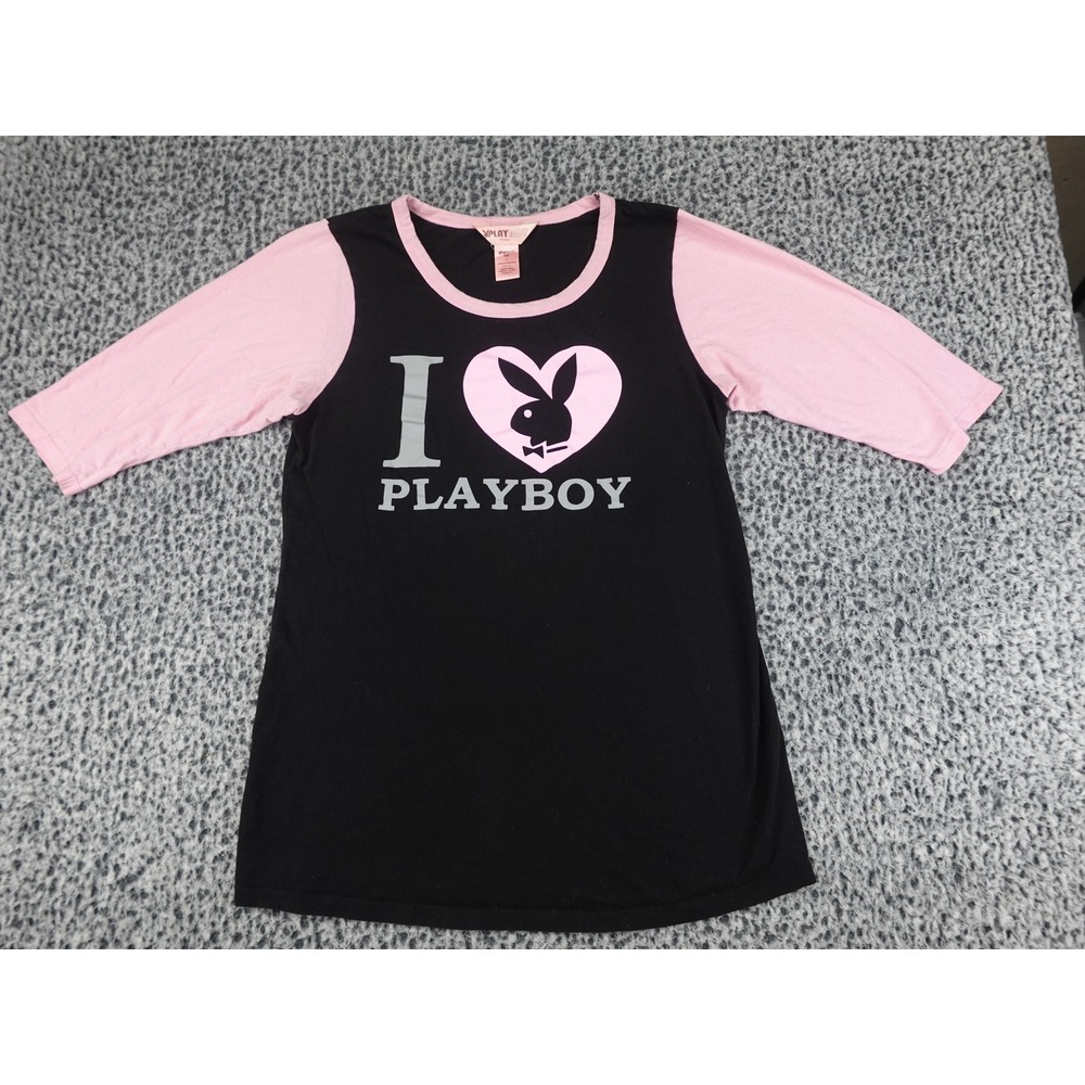 Playboy Raglan Tee Womens Large Black Pink I Heart Playboy 3/4 Sleeve Y2K
